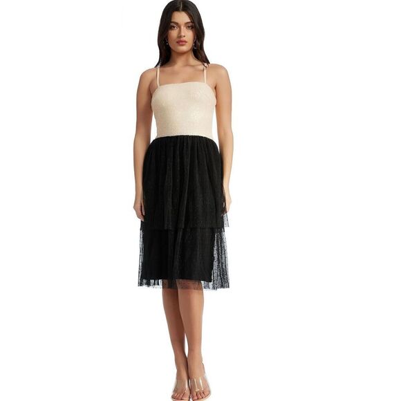 Dress the Population NWT Kady Sequin Tiered Point D'Esprit Dress Medium - Picture 6 of 8